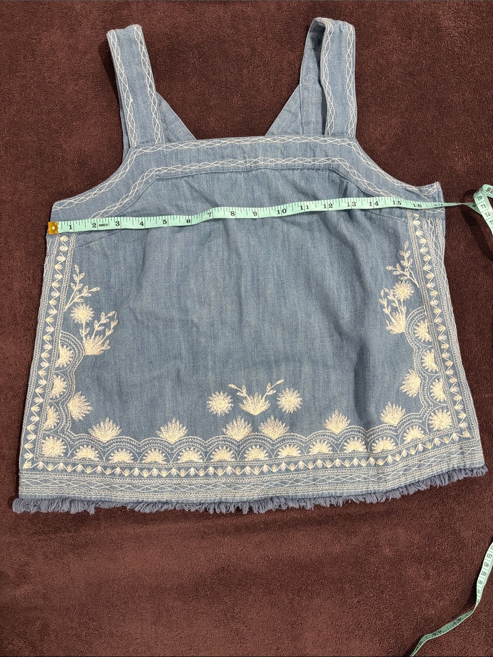 Maeve Light Blue Embroidered Chambray Tank with Cream Stitching - Picture 3 of 3